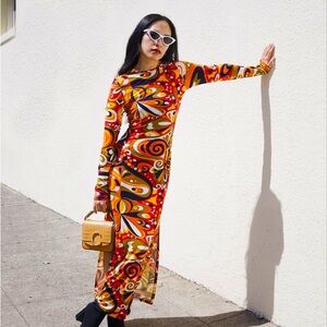 ZARA Psychedelic 70s Retro Print Long Sleeve Maxi Dress